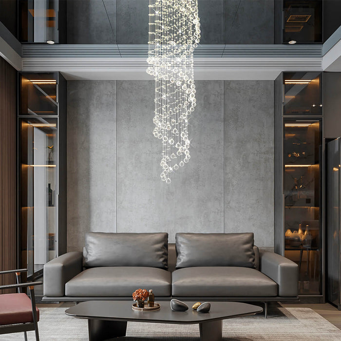 Lustre Spirale Pluie Cristal Chrome pour Escalier et Entrée