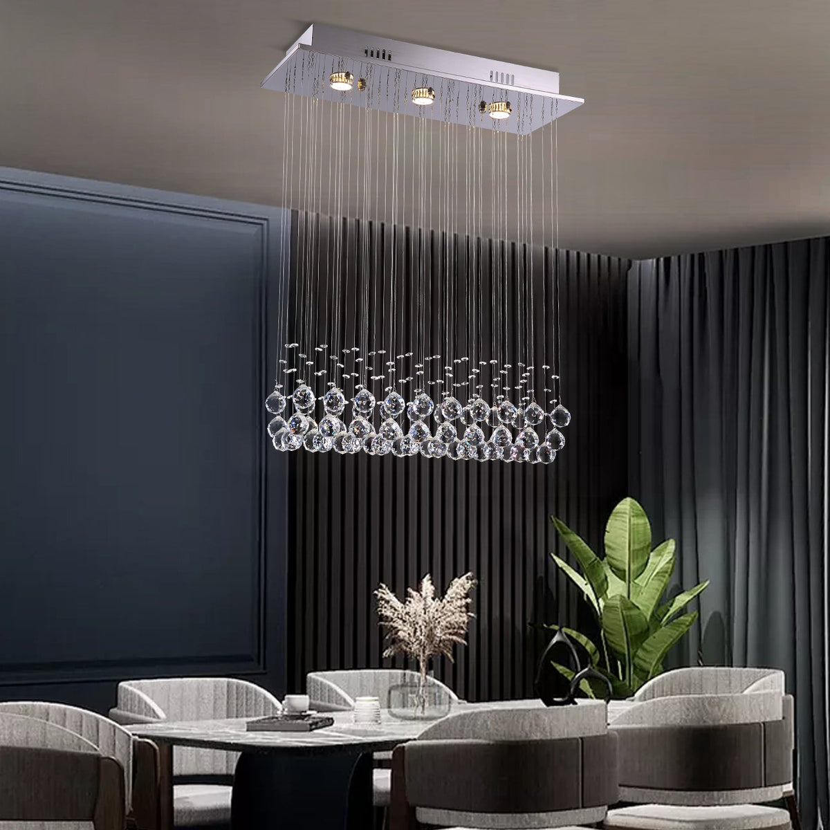 Lustre Rectangulaire Cristal Argenté 3 Lumières vue d'ensemble