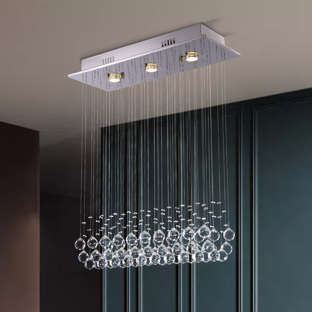 Lustre Rectangulaire Cristal Argenté 3 Lumières en situation
