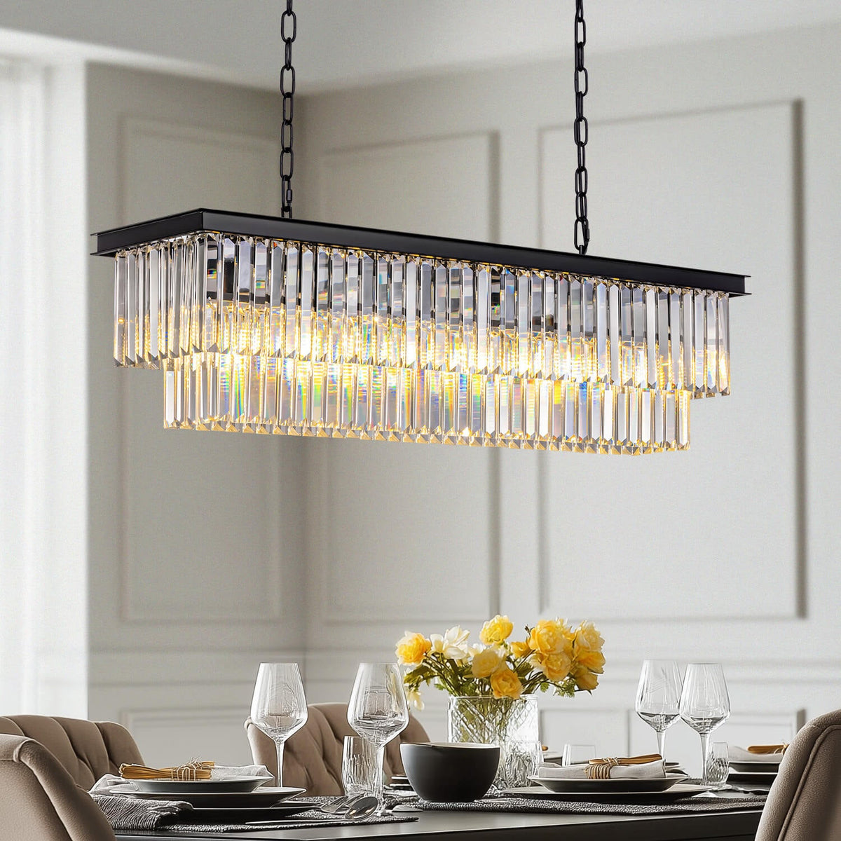 Lustre Rectangulaire Cristal Salle à Manger Noir