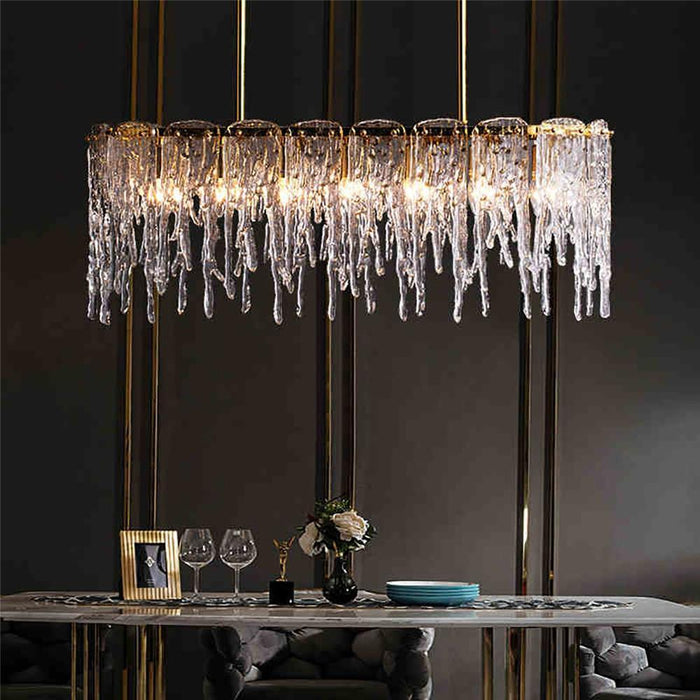 Lustre Rectangulaire Cristal Givré Doré pour Salle à Manger
