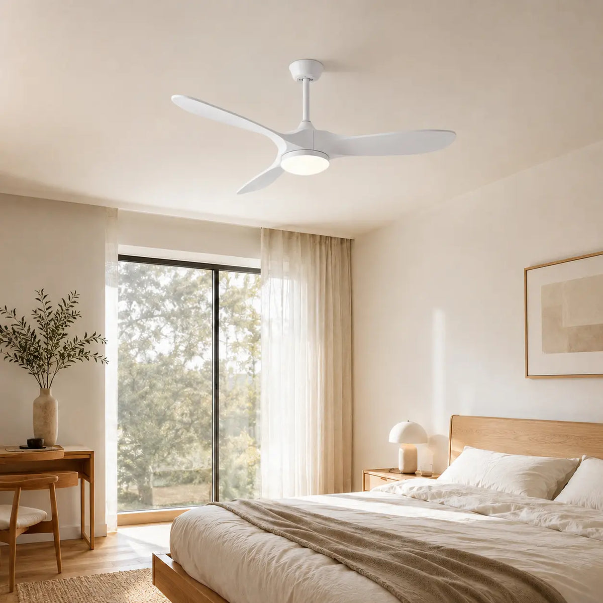 Plafonnier Ventilateur Silencieux Bois Blanc LED avec éclairage LED intégré