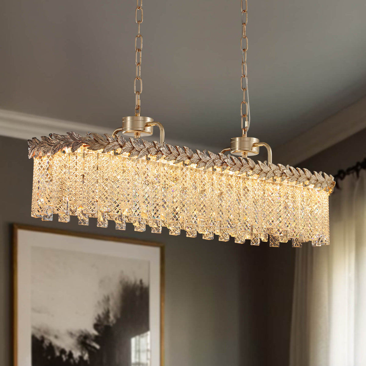 Lustre Rectangulaire Cristal Doré Îlot Cuisine