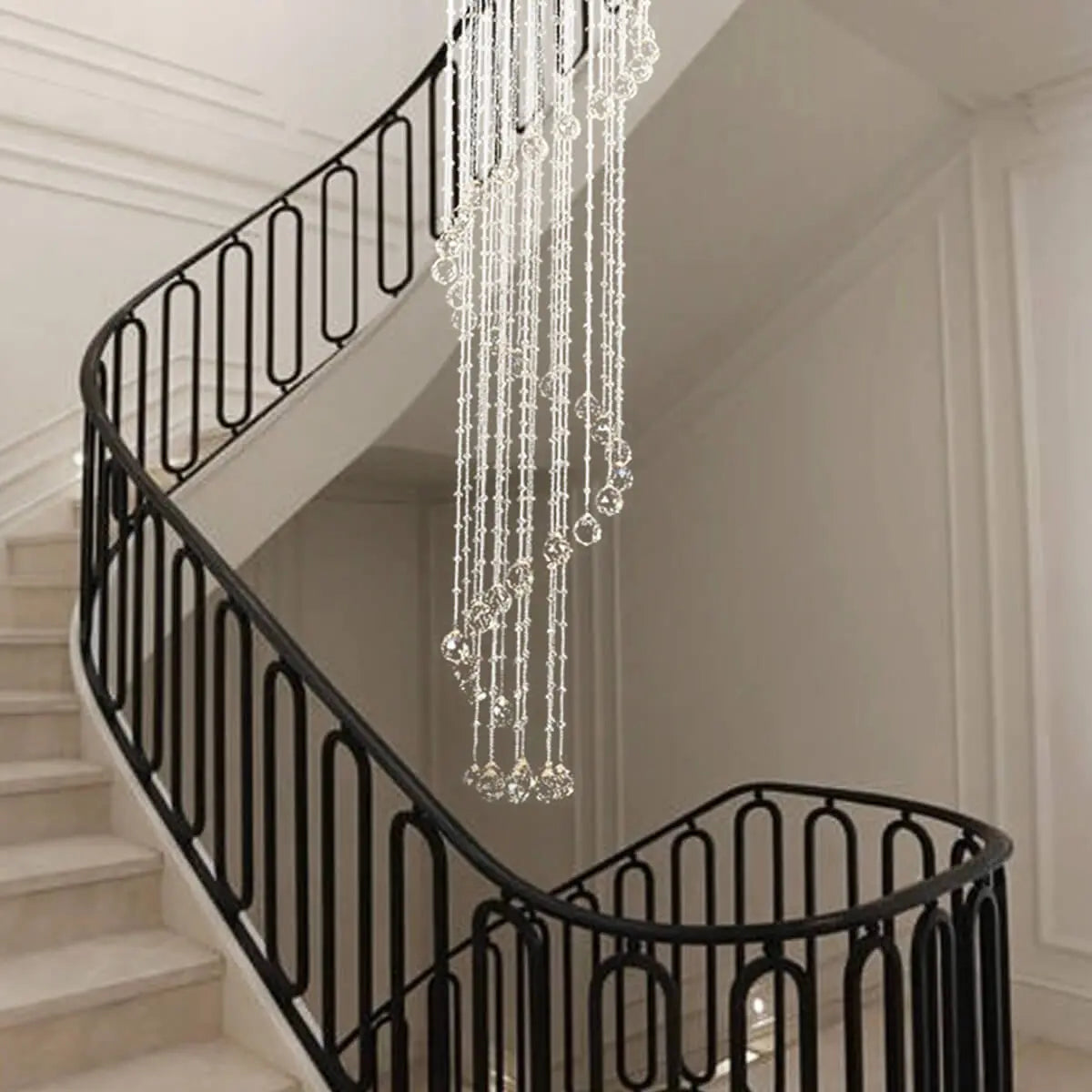Lustre Spirale Pluie de Cristal Chrome pour Escalier