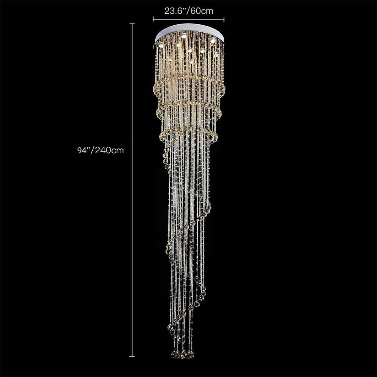 Lustre Spirale Pluie de Cristal Chrome pour Escalier