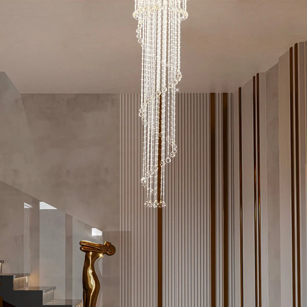 Lustre Spirale Pluie de Cristal Chrome pour Escalier