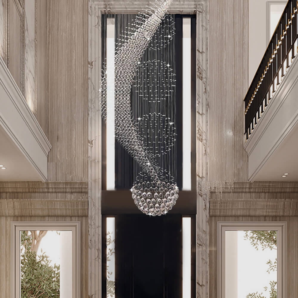 Lustre Spirale Pluie de Cristal Chrome - Escalier Entrée Hôtel pour Escalier et Entrée