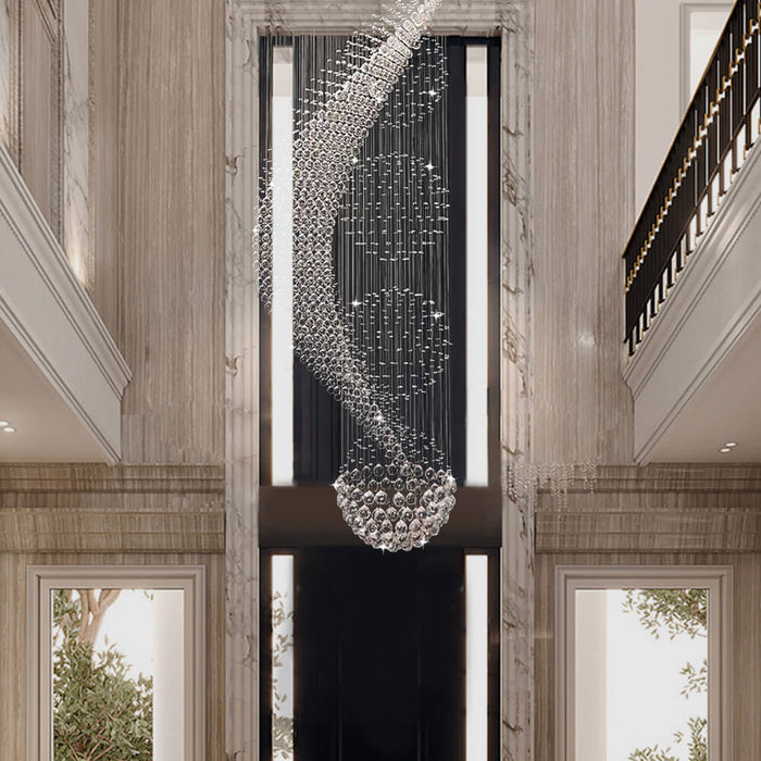 Lustre Spirale Pluie de Cristal Chrome - Escalier Entrée Hôtel pour Escalier et Entrée