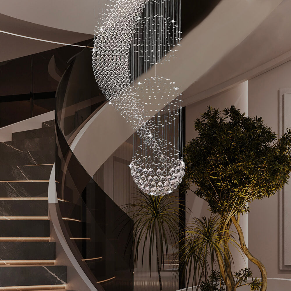 Lustre Spirale Pluie de Cristal Chrome - Escalier Entrée Hôtel pour Escalier et Entrée