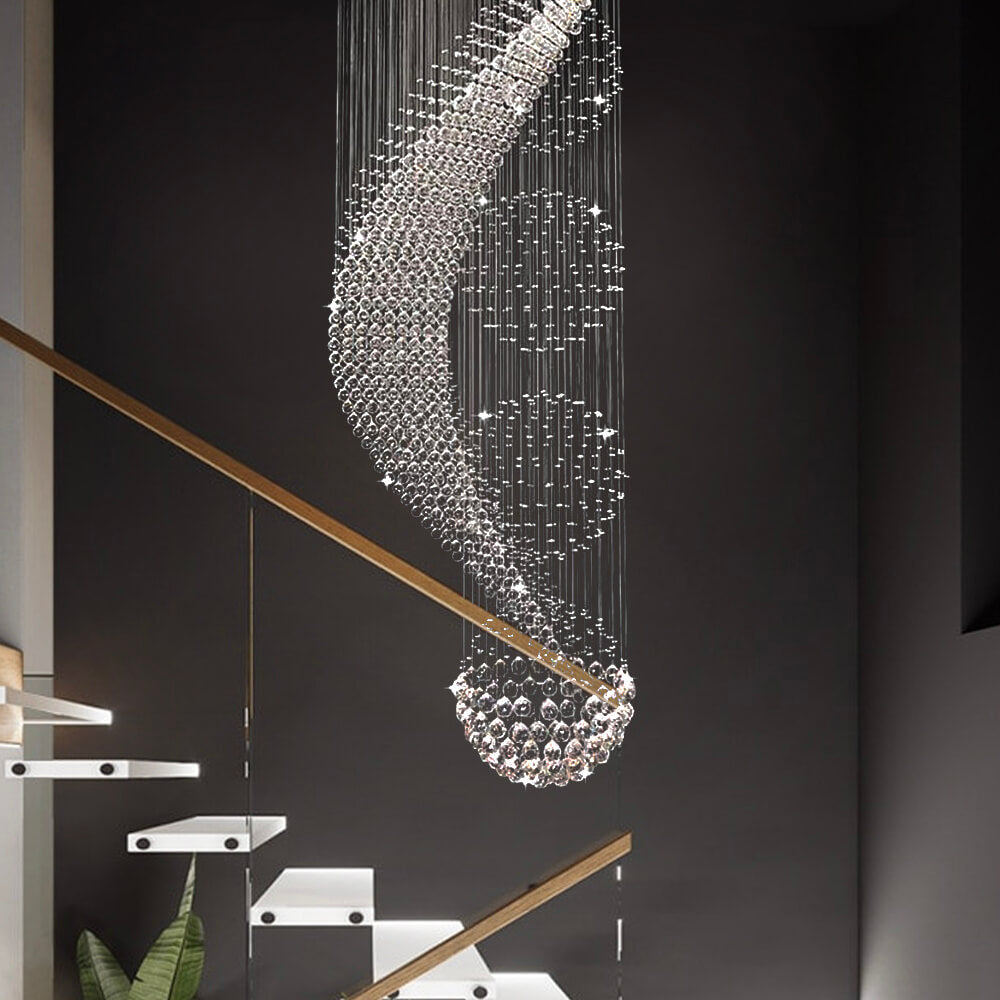 Lustre Spirale Pluie de Cristal Chrome - Escalier Entrée Hôtel pour Escalier et Entrée