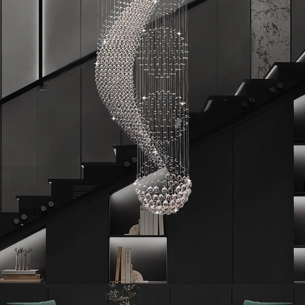Lustre Spirale Pluie de Cristal Chrome - Escalier Entrée Hôtel pour Escalier et Entrée
