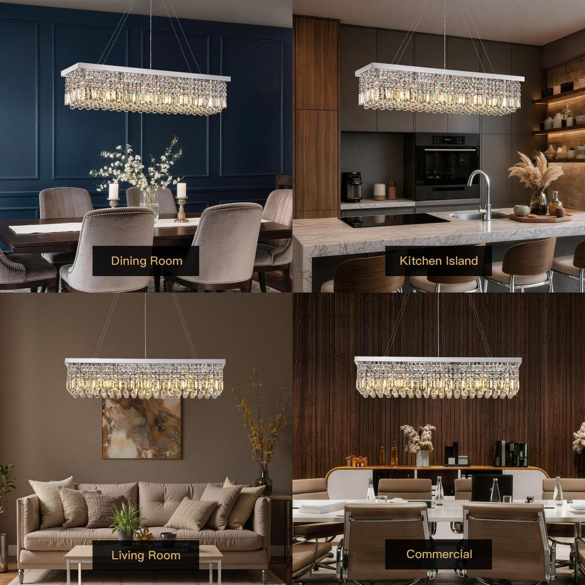 Lustre Rectangulaire Cristal Argenté en situation