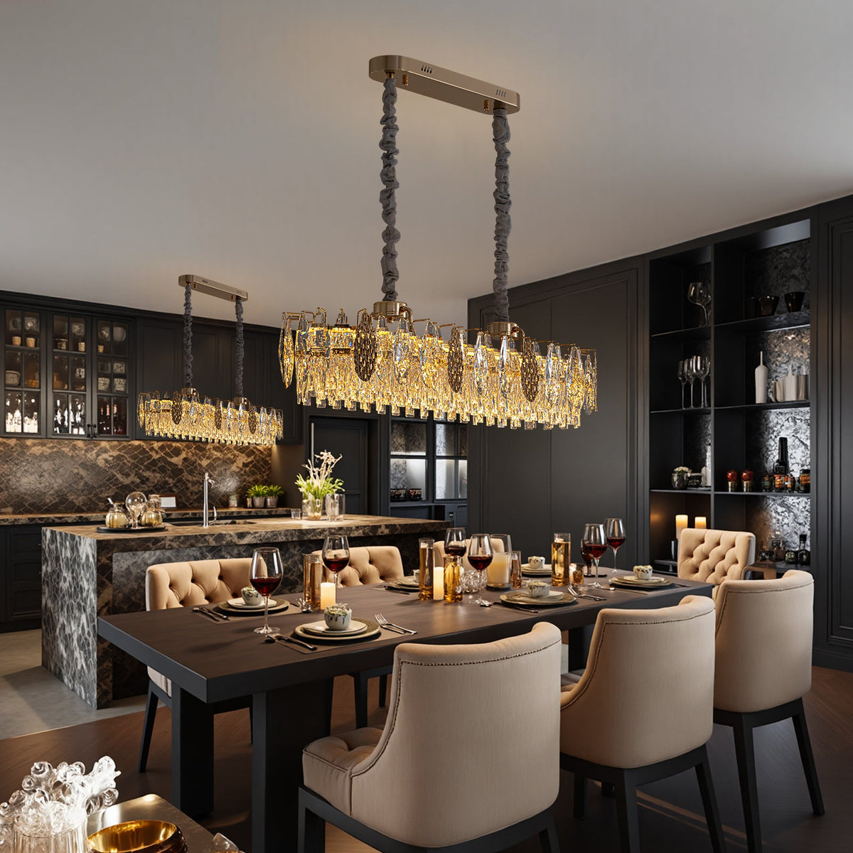 Lustre Linéaire Cristal Doré Îlot Cuisine