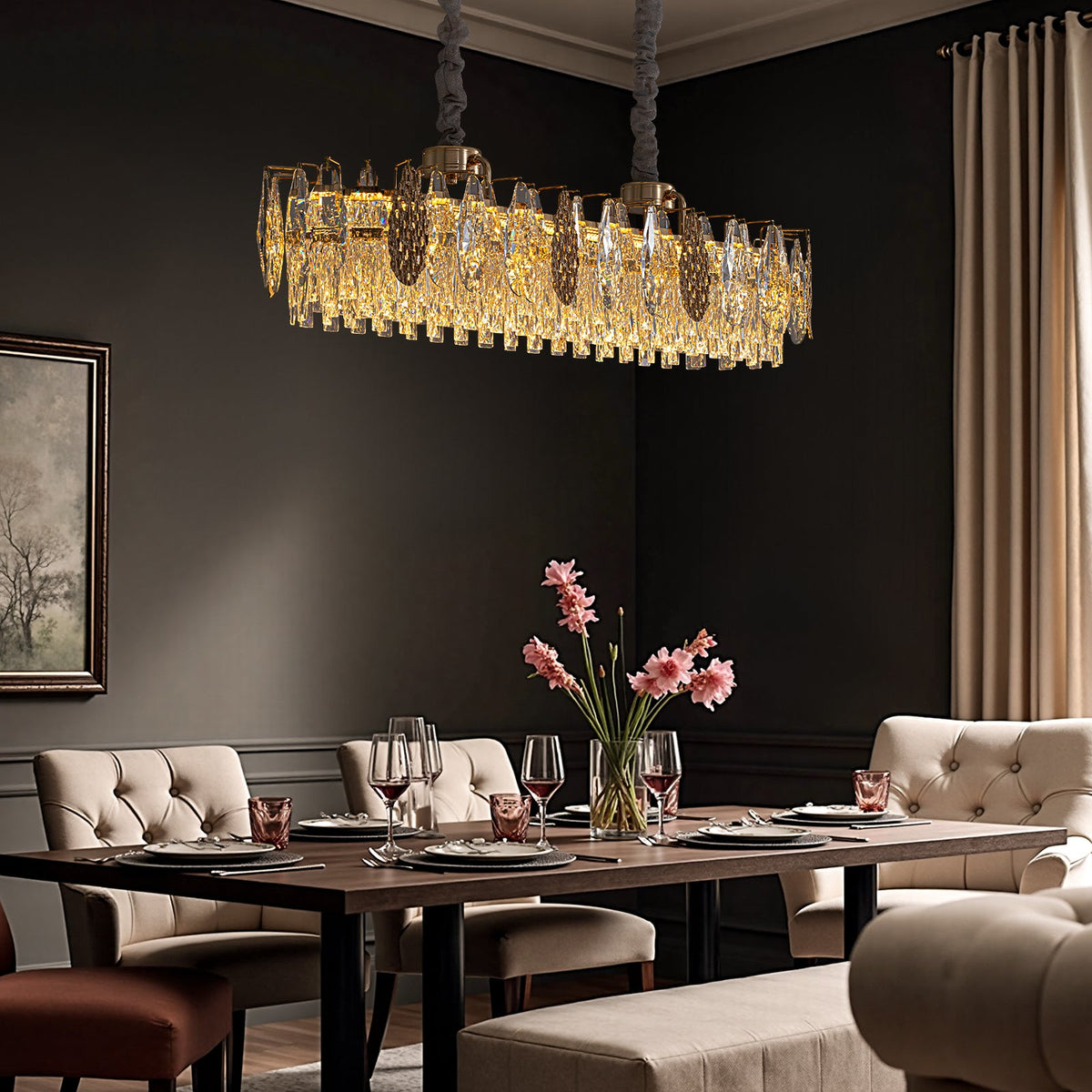 Lustre Linéaire Cristal Doré Îlot Cuisine