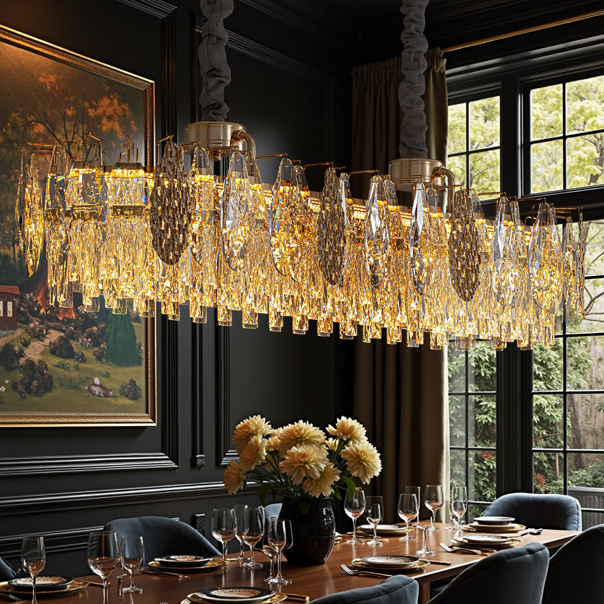 Lustre Linéaire Cristal Doré Îlot Cuisine