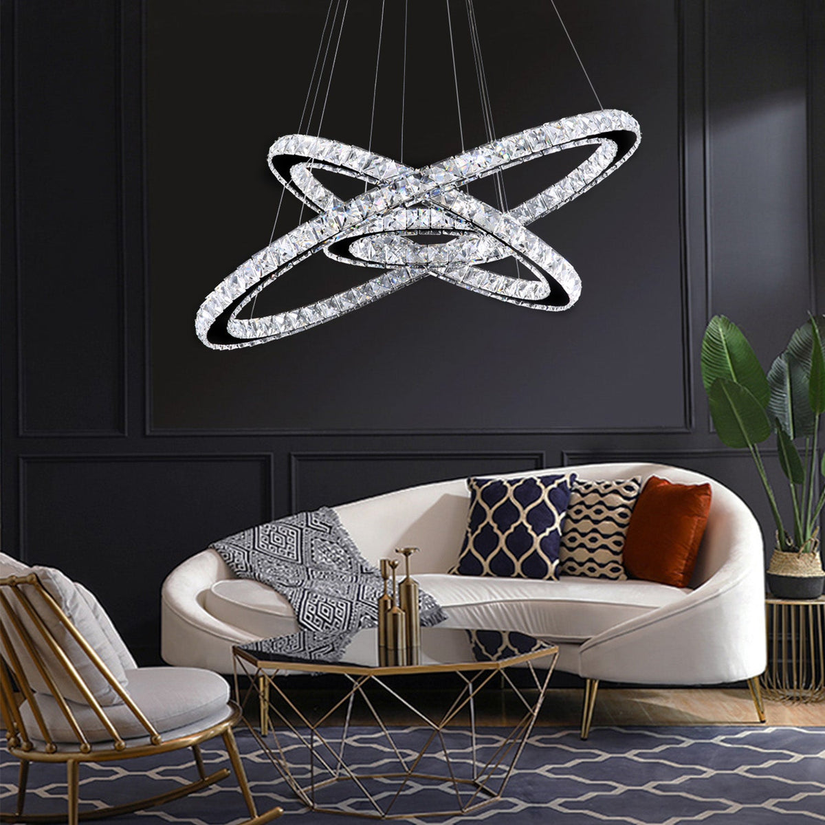 Lustre Rectangulaire Cristal Argenté Anneau allumé ambiance