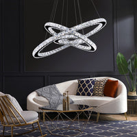 Lustre Rectangulaire Cristal Argenté Anneau allumé ambiance