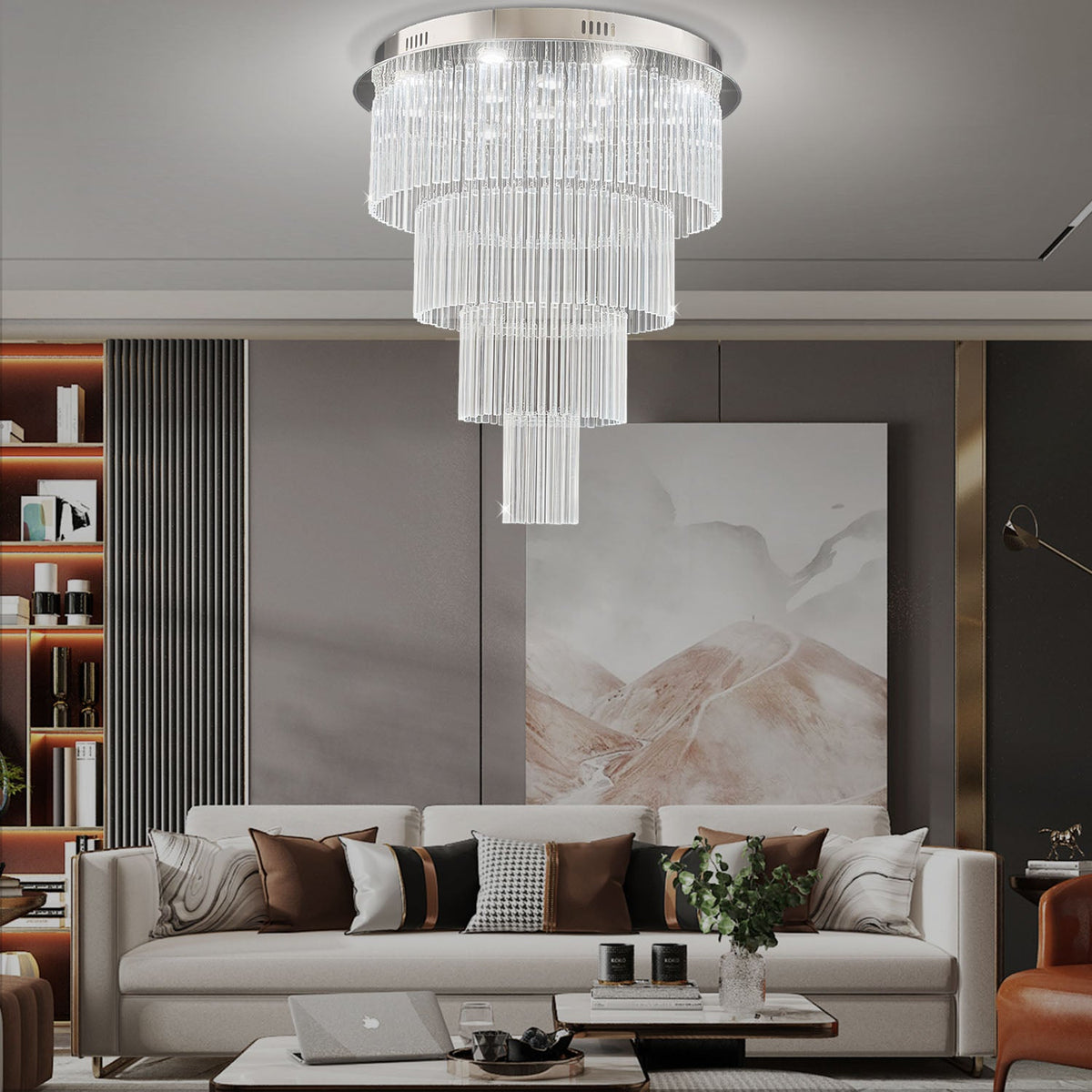 Lustre Rond Cristal Salon Argenté allumé ambiance