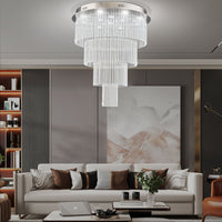 Lustre Rond Cristal Salon Argenté allumé ambiance