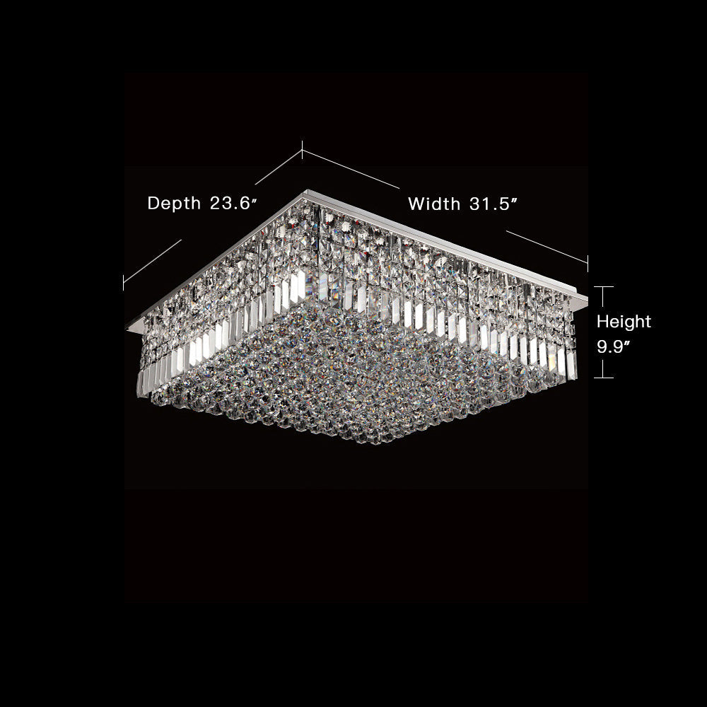 Lustre Rectangulaire Cristal Argenté 16 Lumières allumé ambiance