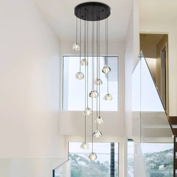 Lustre Cascade LED Noir en Cristal pour Escalier