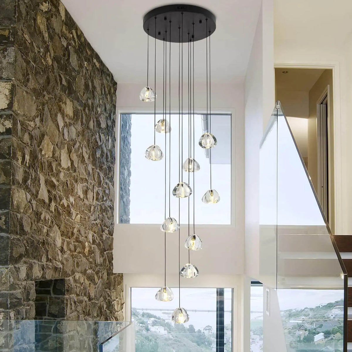 Lustre Cascade LED Noir en Cristal pour Escalier