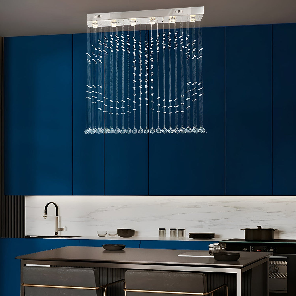 Lustre Rectangulaire Cristal Argenté 6 Lumières en situation