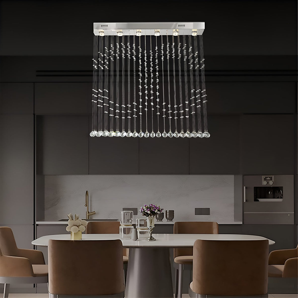 Lustre Rectangulaire Cristal Argenté 6 Lumières allumé ambiance