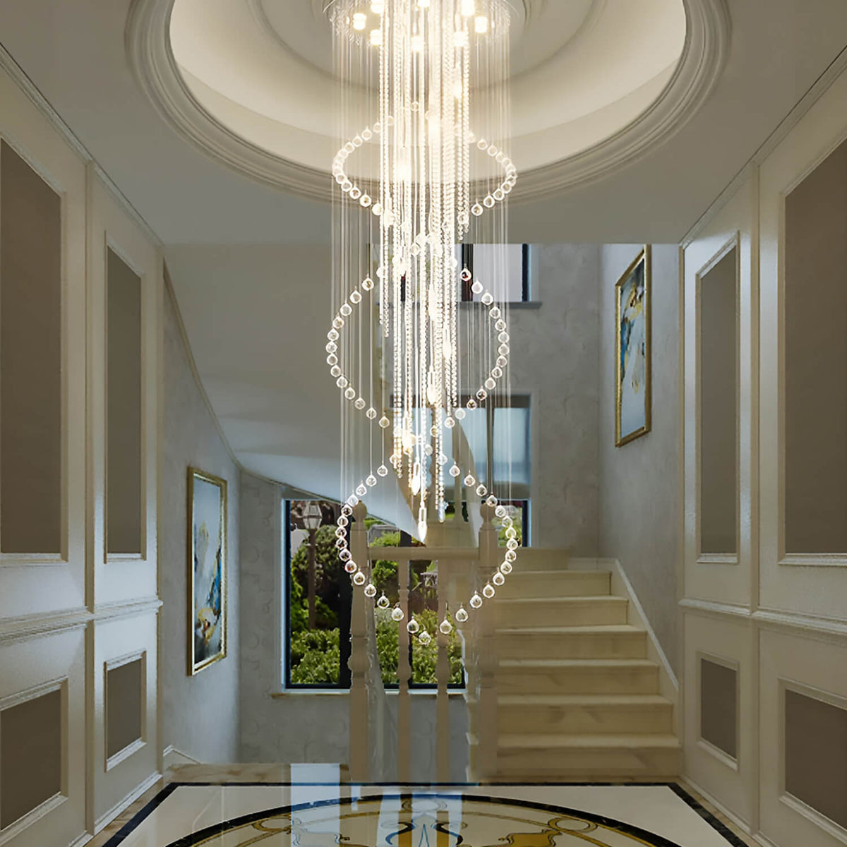 Lustre Double Spirale Cristal Gouttes pour Escalier et Entrée
