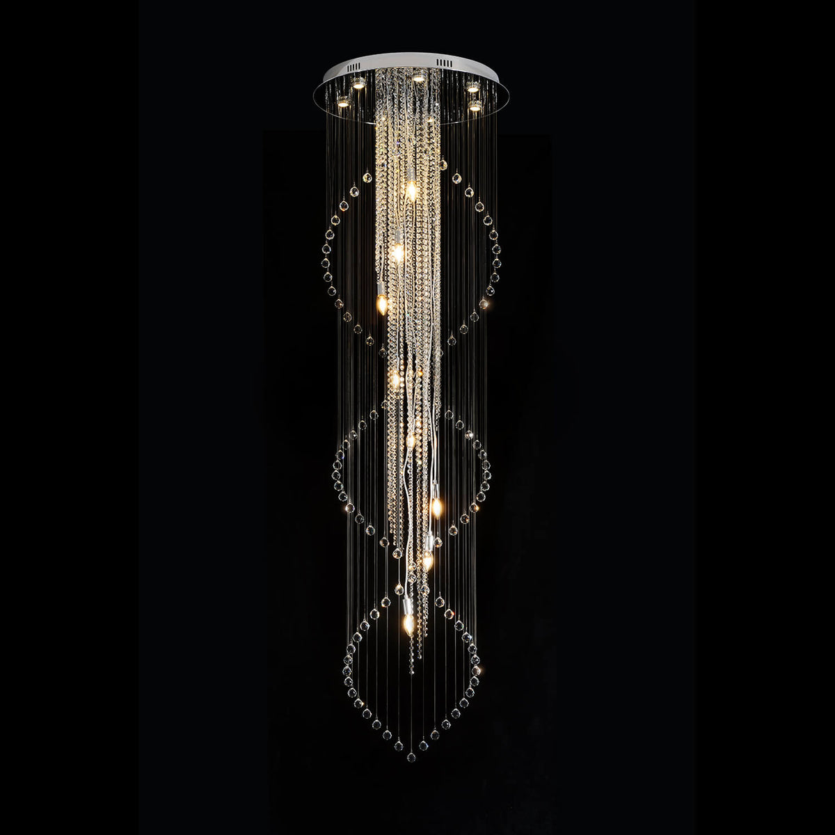 Lustre Double Spirale Cristal Gouttes pour Escalier et Entrée