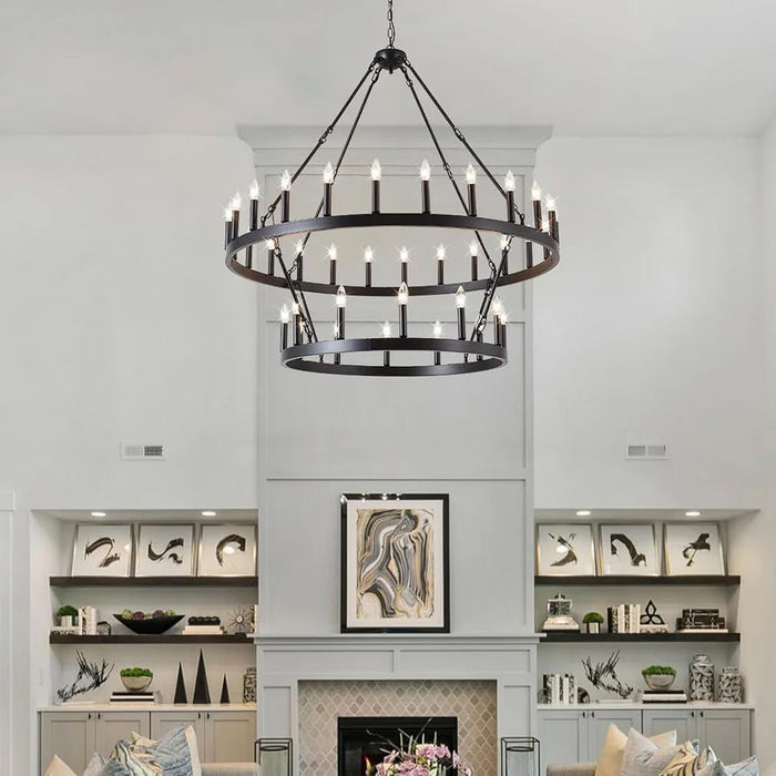 Lustre Double Niveau Industriel Noir pour Salle à Manger