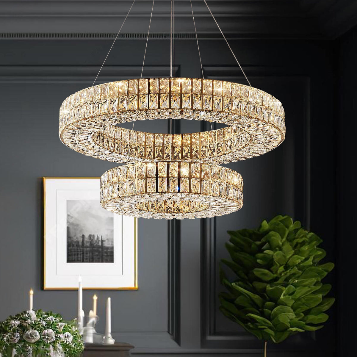 Lustre Cristal Doré à Double Anneau pour Salle à Manger