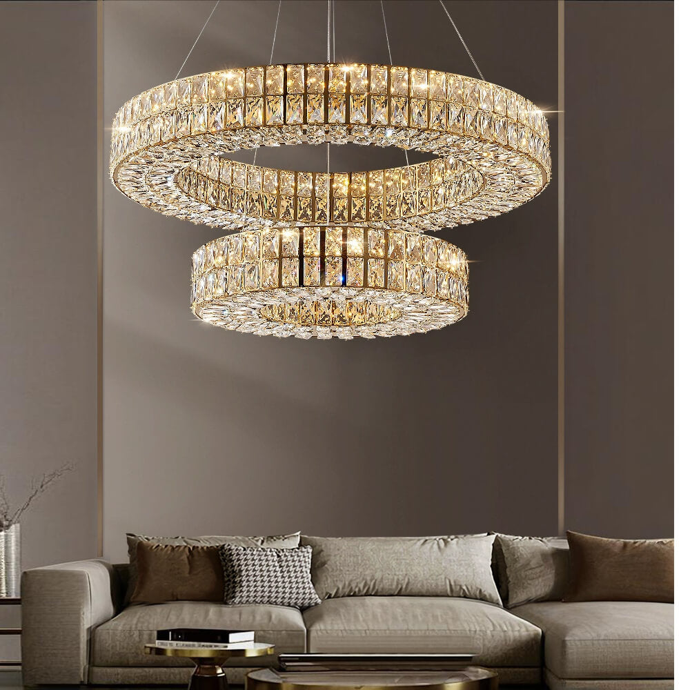 Lustre Cristal Doré à Double Anneau pour Salle à Manger