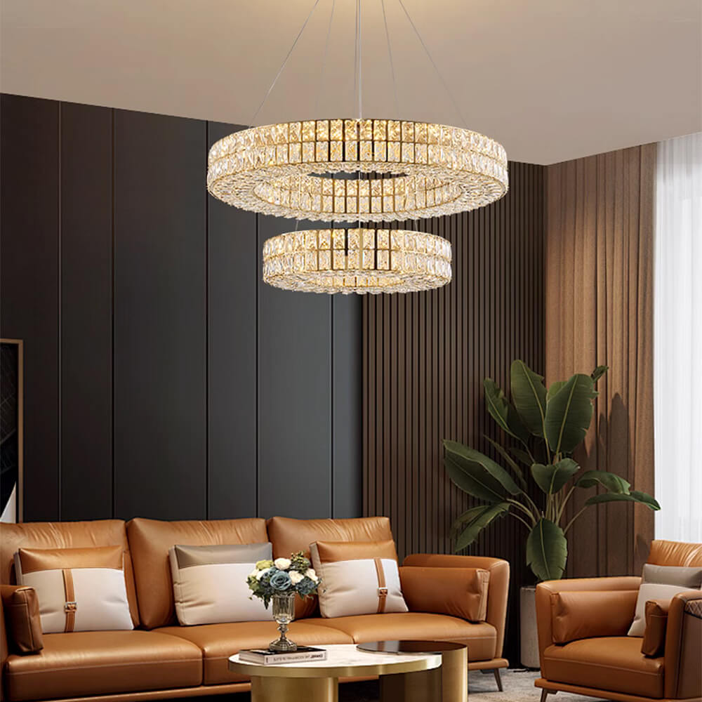 Lustre Cristal Doré à Double Anneau pour Salle à Manger