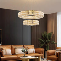Lustre Cristal Doré à Double Anneau pour Salle à Manger