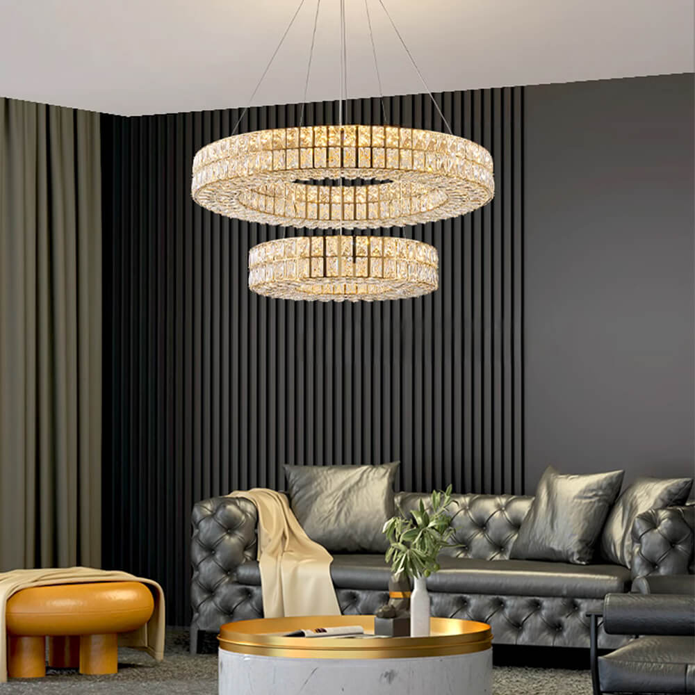 Lustre Cristal Doré à Double Anneau pour Salle à Manger