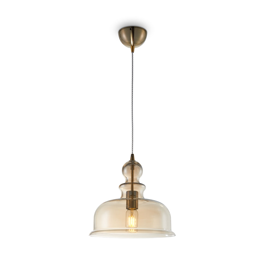 Détail du verre ambré bullé de la suspension globe ambré Lumio