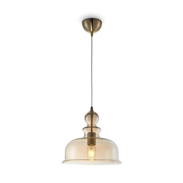 Détail du verre ambré bullé de la suspension globe ambré Lumio