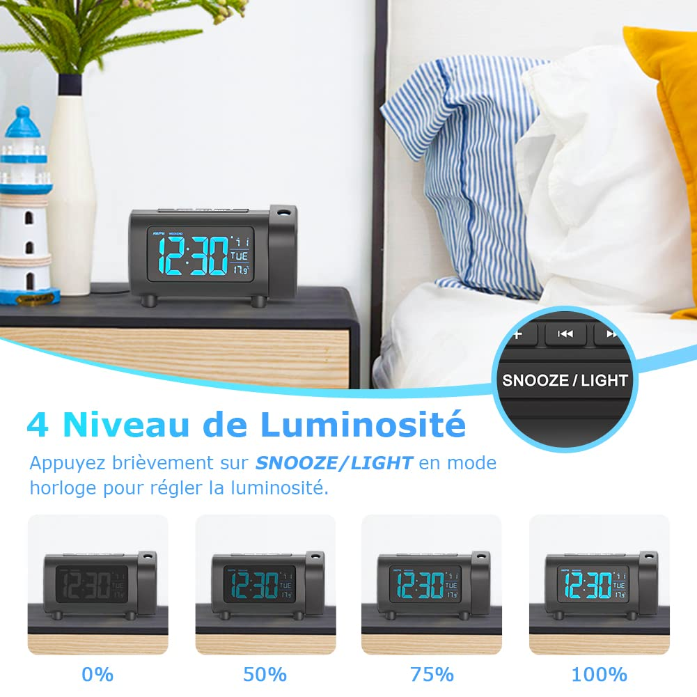 SKYTIME | Réveil Projecteur LED 180° avec Radio FM & USB
