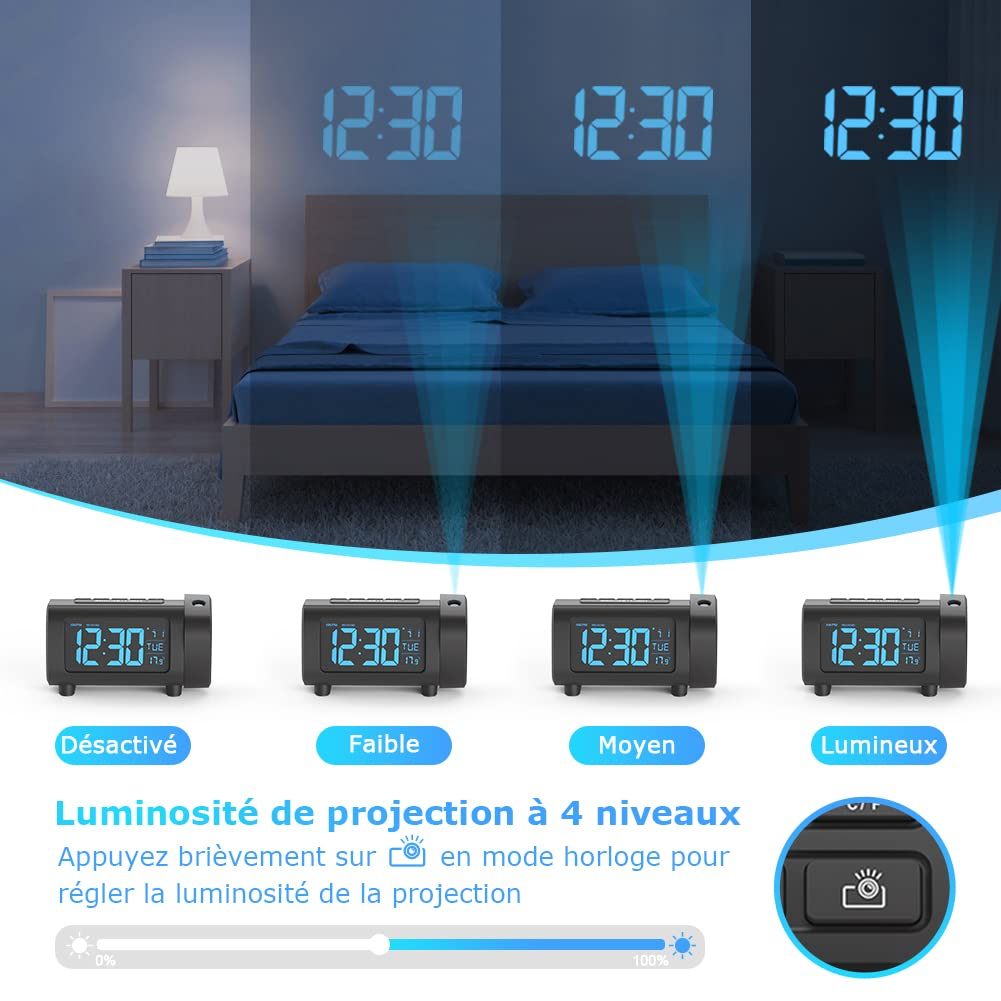 SKYTIME | Réveil Projecteur LED 180° avec Radio FM & USB