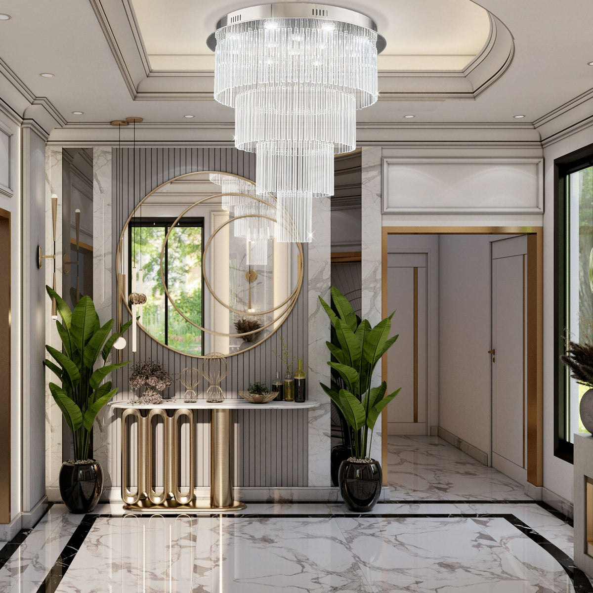 Lustre Rond Cristal Salon Argenté en situation