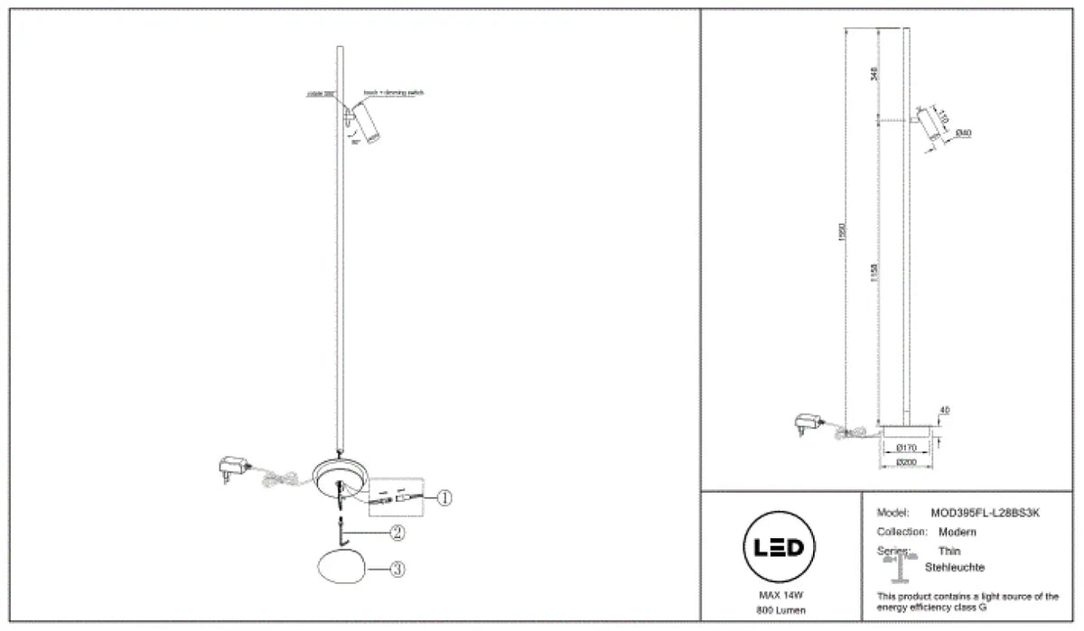 Lampadaire LED ultra-fin doré éclairant un angle de chambre, vue 14