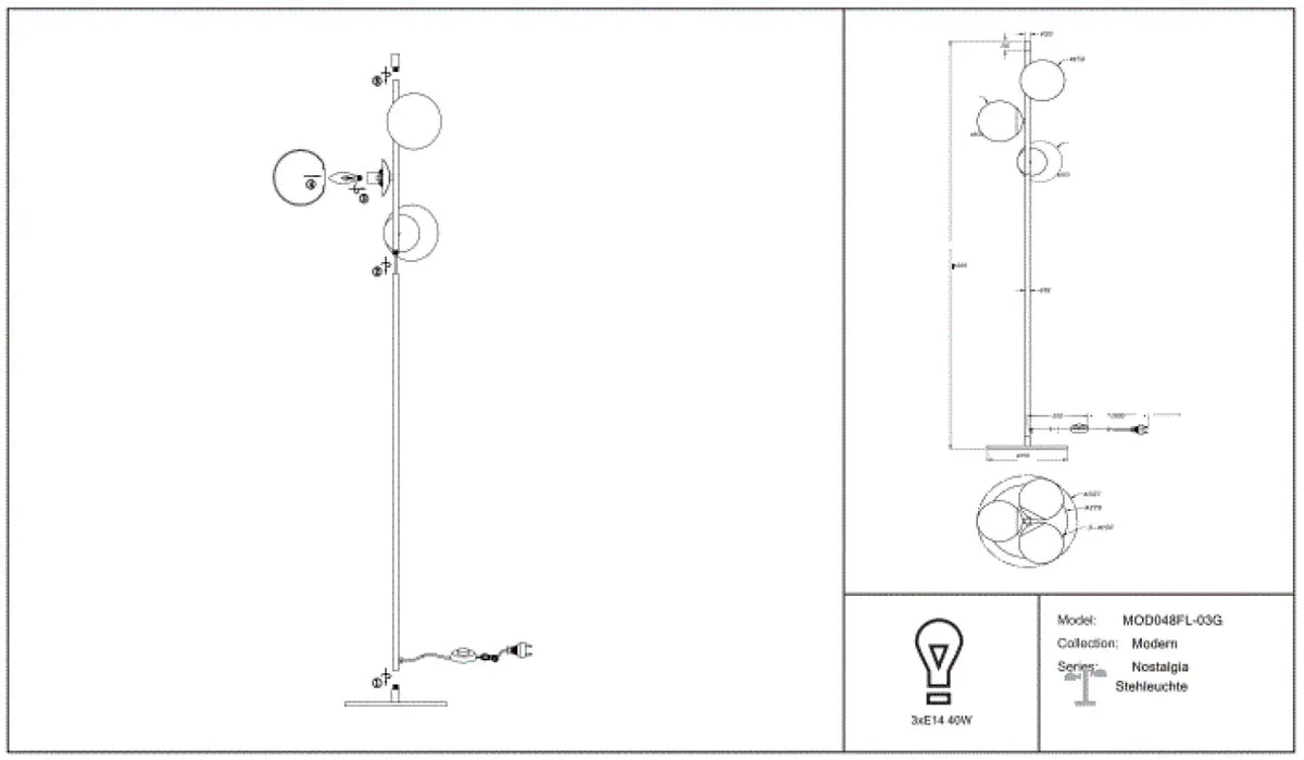 Vue rapprochée des globes opalins du lampadaire trois globes opalins, vue 8