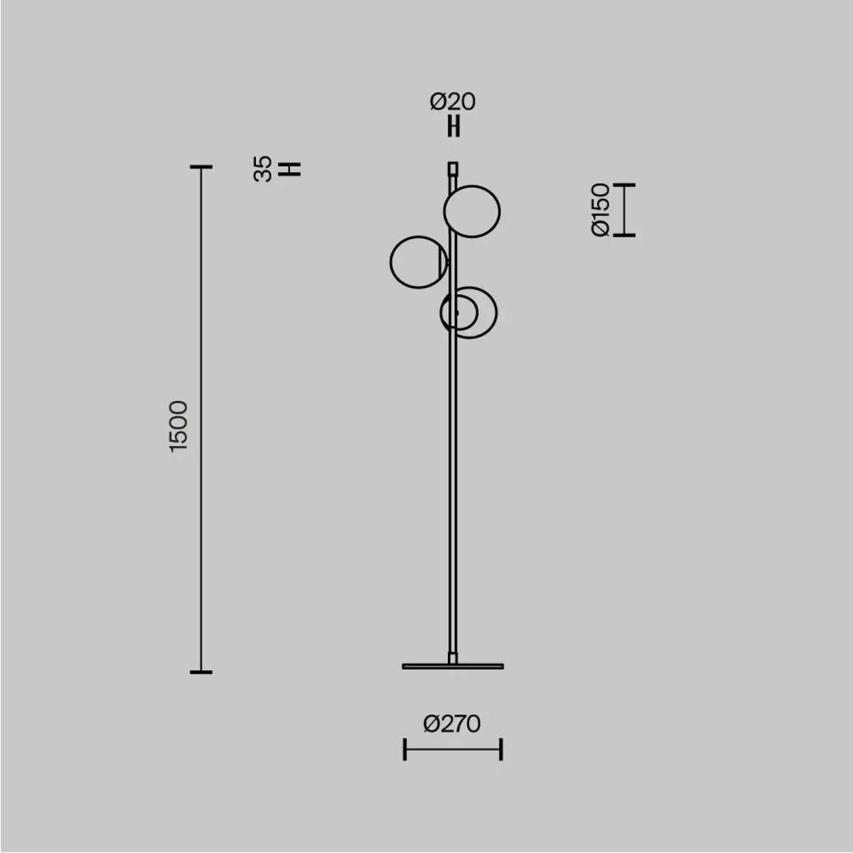 Lampadaire trois globes opalins avec structure noire et détails dorés, vue 7