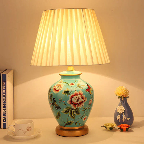 Lampe de Chevet Céramique Fleurs motifs fleuris turquoise