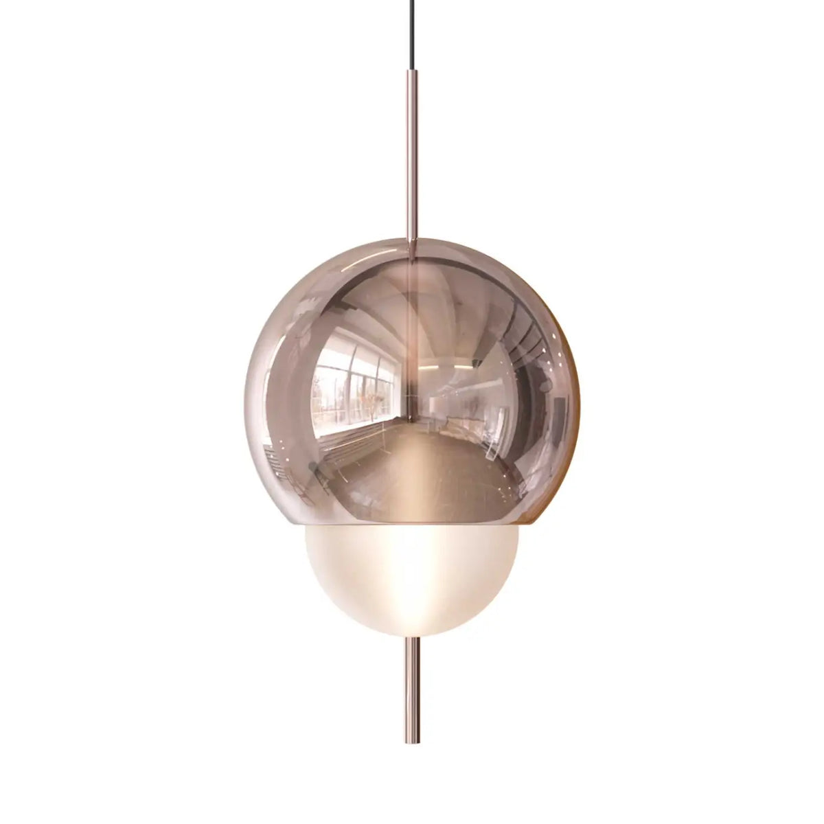 Lampe suspendue en verre rose pastel illuminant une entrée contemporaine, vue 12