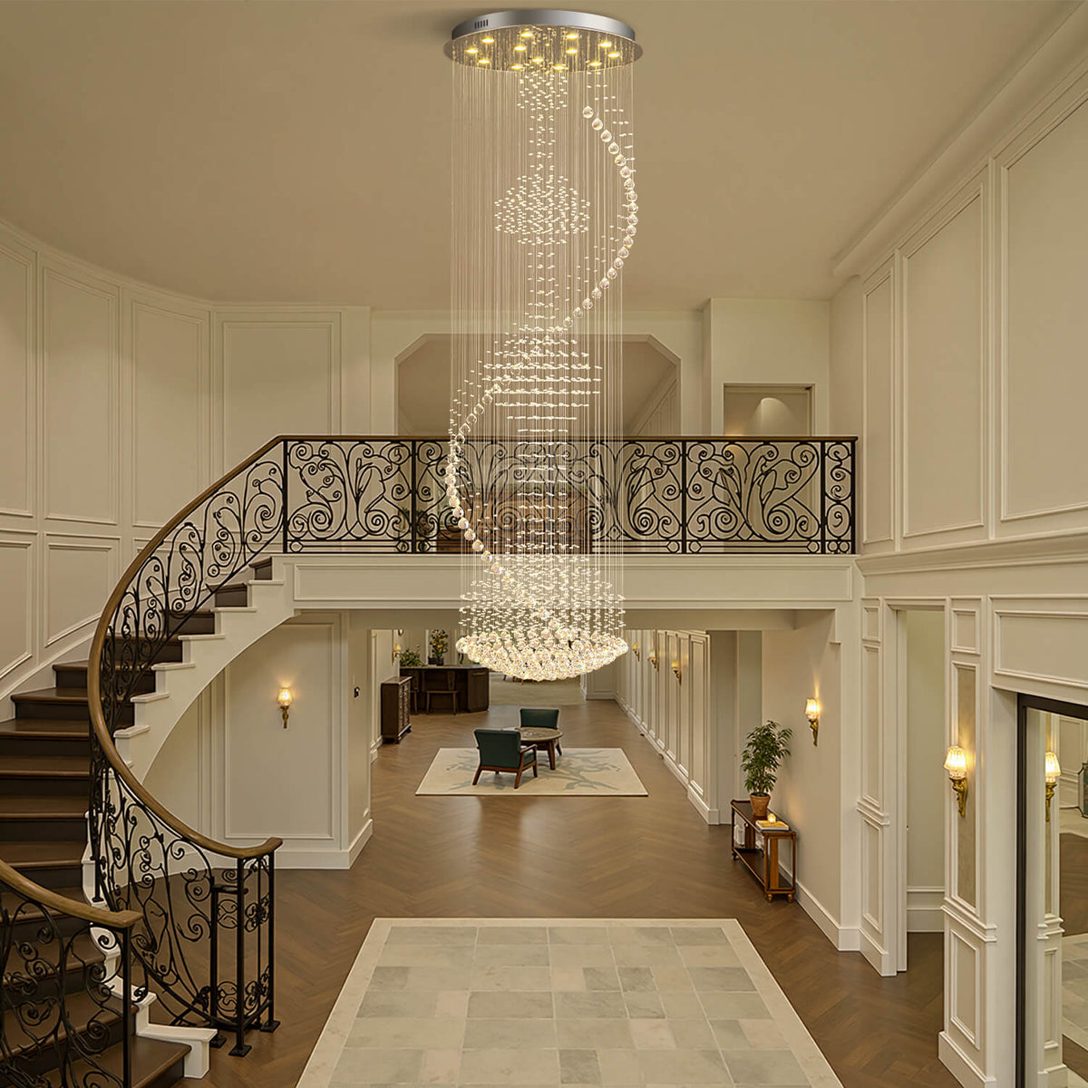 Lustre Spirale Métal Chrome Gouttes pour Escalier et Entrée