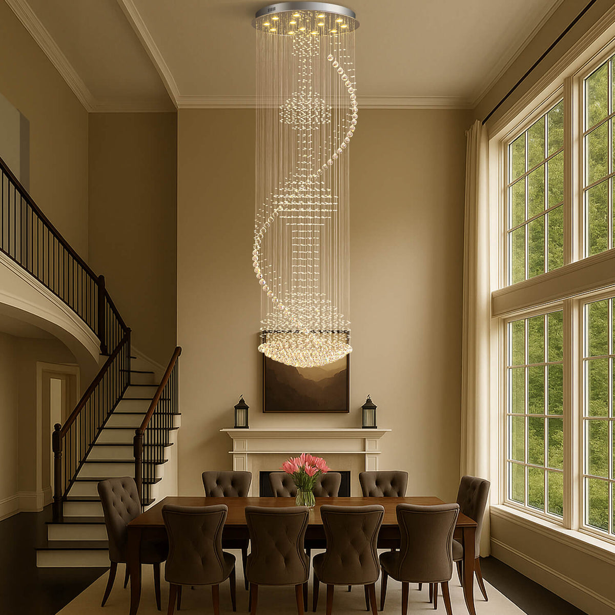 Lustre Spirale Métal Chrome Gouttes pour Escalier et Entrée