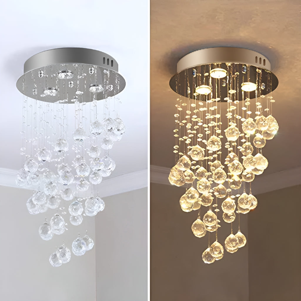 Lustre Spirale Cristal Argenté Salle à Manger allumé ambiance