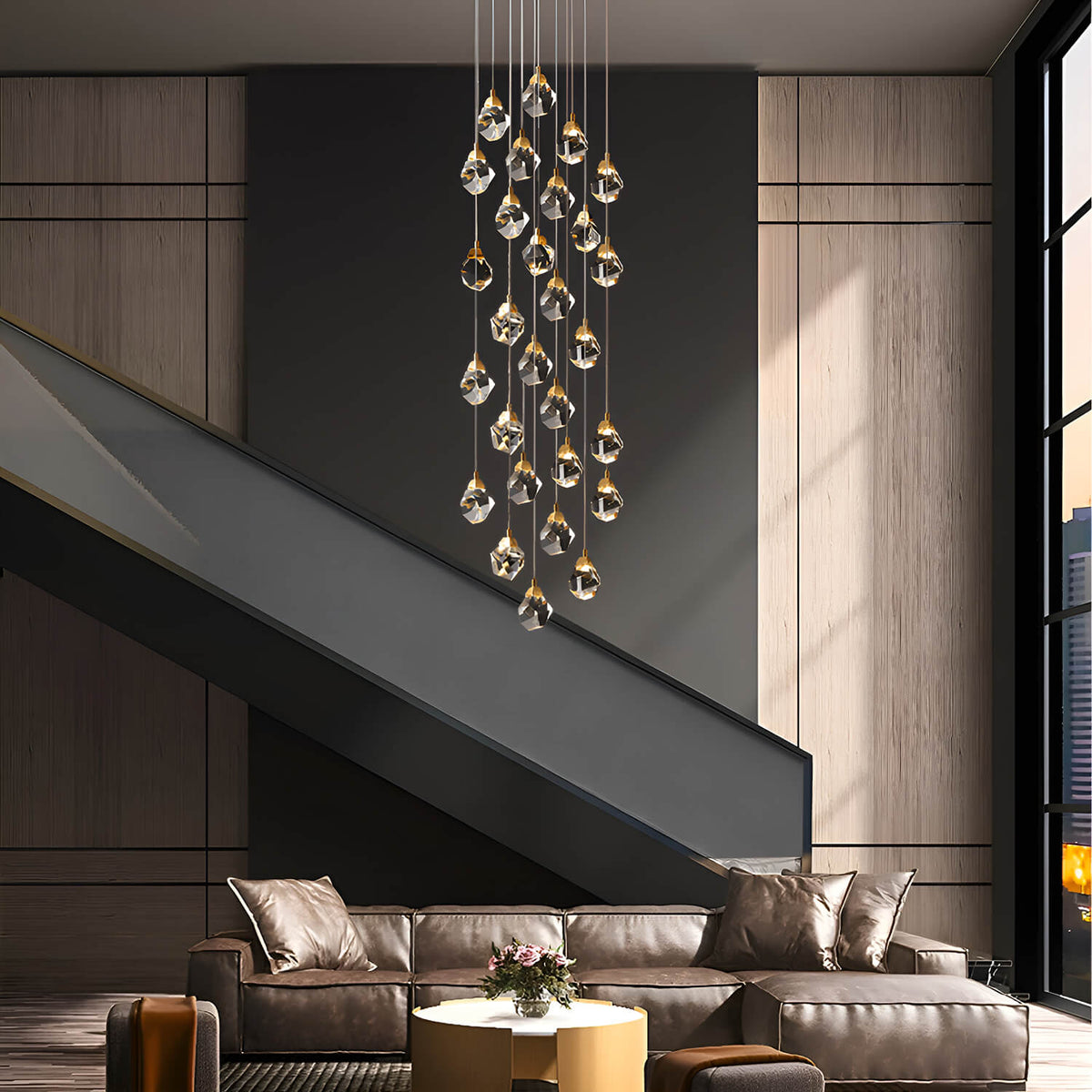Lustre Cristal Gouttes Dorées pour Escalier et Entrée